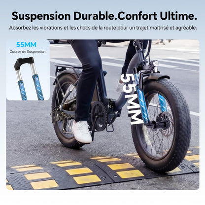 Touroll S2/ S2 Pro Vélo Électrique Pliable Tout-Terrain, 20"×4.0" Fat Tire, 150KM Autonomie, Batterie 720Wh Amovible, Moteur 250W Vélo Électrique Gros Pneu 7 Vitesses, E-Bike Urbain pour Adulte