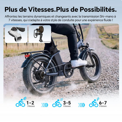 Touroll S2/ S2 Pro Vélo Électrique Pliable Tout-Terrain, 20"×4.0" Fat Tire, 150KM Autonomie, Batterie 720Wh Amovible, Moteur 250W Vélo Électrique Gros Pneu 7 Vitesses, E-Bike Urbain pour Adulte