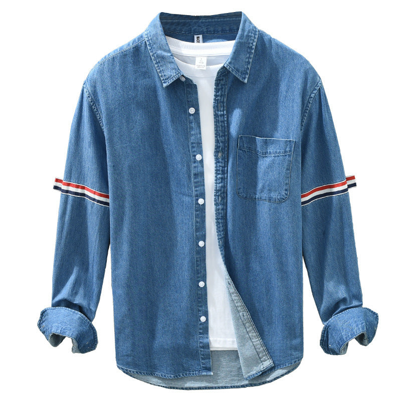 8840 trend new bar webbing stitching shirt men's long sleeve pocket blue casual shirt a generation of hair