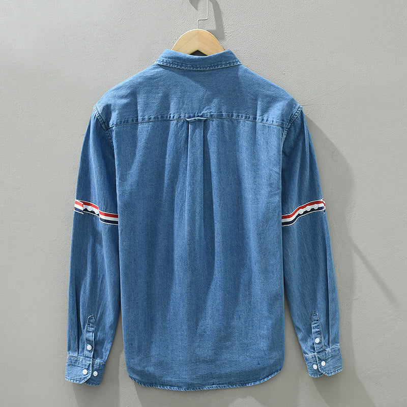 8840 trend new bar webbing stitching shirt men's long sleeve pocket blue casual shirt a generation of hair