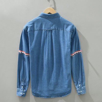 8840 trend new bar webbing stitching shirt men's long sleeve pocket blue casual shirt a generation of hair