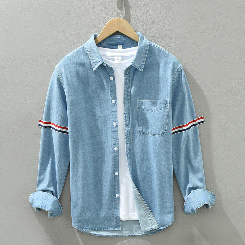 8840 trend new bar webbing stitching shirt men's long sleeve pocket blue casual shirt a generation of hair