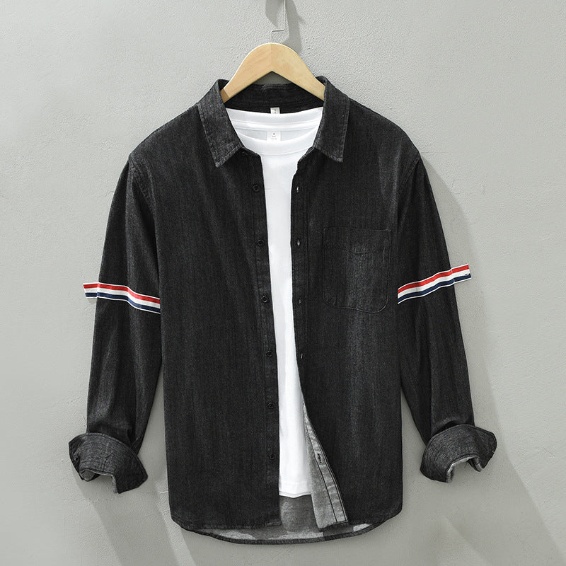 8840 trend new bar webbing stitching shirt men's long sleeve pocket blue casual shirt a generation of hair