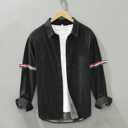 8840 trend new bar webbing stitching shirt men's long sleeve pocket blue casual shirt a generation of hair