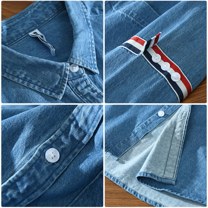 8840 trend new bar webbing stitching shirt men's long sleeve pocket blue casual shirt a generation of hair