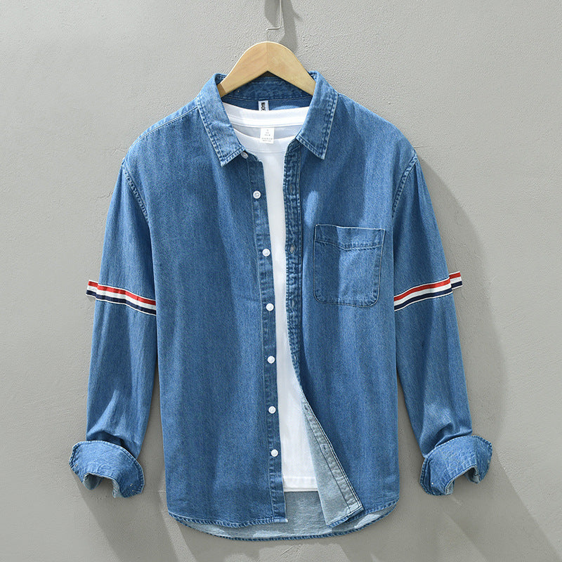 8840 trend new bar webbing stitching shirt men's long sleeve pocket blue casual shirt a generation of hair