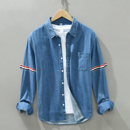 8840 trend new bar webbing stitching shirt men's long sleeve pocket blue casual shirt a generation of hair